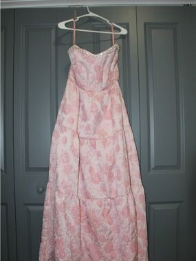 Altar'd State Pink Floral Strapless Prom Gown with Pearl Trim